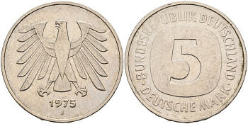 ФРГ 5 марок 1975 J, монетный двор Гамбург КМ 140.1, J. 415 медно-никель плакированный никелем 4117-635