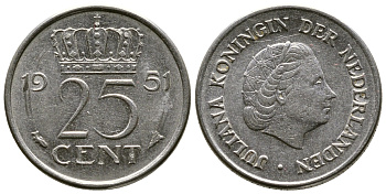 Нидерланды 25 центов 1951 Юлиана (1949-1980) KM 183 никель 261-613