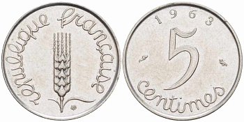 ФРАНЦИЯ 5 САНТИМОВ 1963 ПЯТАЯ РЕСПУБЛИКА KM 927, LE FRANC 124.5 хромированная сталь 105-432
