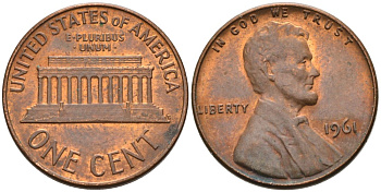 США 1 цент 1961 Авраам Линкольн KM 201 медь цинк 4564-343
