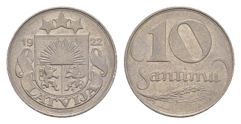 Латвия 10 сантимов 1922 год-тип KM 4 никель 4658-1238