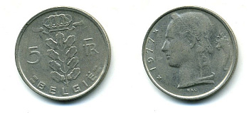 БЕЛЬГИЯ 5 ФРАНКОВ 1977 BELGIE KM 135.1 медно-никель 25-1515