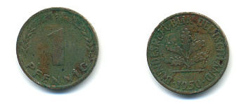 ФРГ 1 ПФЕННИГ 1950 G KM 105, J.380 сталь плакированная медью 80-758