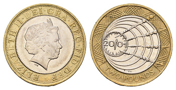Великобритания 2 фунта 2001 Елизавета II (1952-2022), столетие трансатлантическому радио KM 1014, Spink 4572 (K11) биметалл 4110-1416