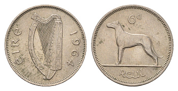 Ирландия 6 пенсов 1964 собака, ирландский волкодав KM 13a медно-никель aUNC 4655-465