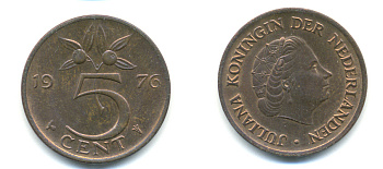 Нидерланды 5 центов 1976 Юлиана (1949-1980) KM 181 бронза 83-854