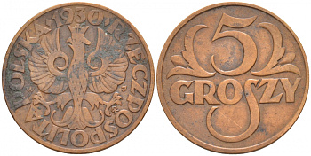 ПОЛЬША 5 ГРОШЕЙ 1930 w KM 10а бронза 100-762
