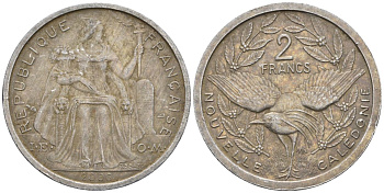 Французская Новая Каледония 2 франка 2006 птица кагу, (IEOM) KM 14, Schoen 11, Lec 68k алюминий    29-122