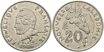 Французская Новая Каледония 20 франков 1986 три быка, (IEOM) KM 12, Schoen 14, Lec 112 никель 4680-934