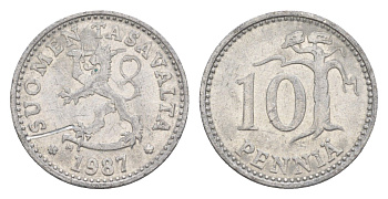 Финляндия 10 пенни 1987 KM 46a алюминий 4647-348