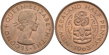 Новая Зеландия 1/2 пенни 1963 Елизавета II (1952-2022), божество Хей-Тики KM 23.2 бронза  aUNC  4176-114