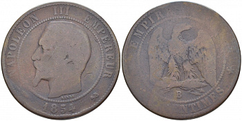 ФРАНЦИЯ 10 САНТИМОВ 1854 B, НАПОЛЕОН III (1852-1870) KM 771.2 бронза 114-1241