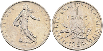 Франция 1 франк 1966 сеятель KM 925.1 никель    4177-246