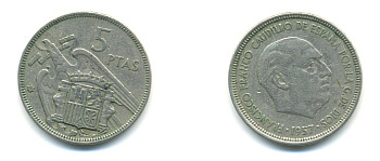 ИСПАНИЯ 5 ПЕСЕТ 1957 (66) ФРАНСИСКО ФРАНКО ДИКТАТОР ИСПАНИИ (1939-1975) KM 786 медно-никель 80-1125