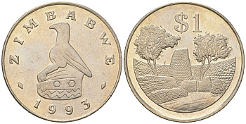 Зимбабве 1 доллар 1993 руины большого Зимбабве KM 6 медно-никель UNC 106-733