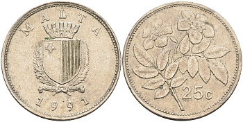 Мальта 25 центов 1991 шиповник вечнозелёный KM 97 медно-никель 181-614