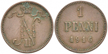 РОССИЯ ДЛЯ ФИНЛЯНДИИ 1 ПЕННИ 1916 НИКОЛАЙ II (1895-1917) KM 13, Биткин 476 медь 211-1033