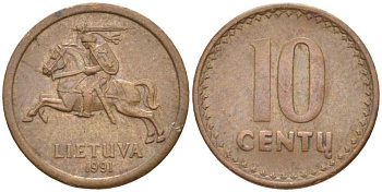 ЛИТВА 10 ЦЕНТОВ 1991 KM 88 бронза 116-133