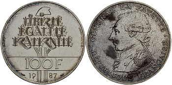 Франция 100 франков 1987 230 лет со дня рождения генерала Лафайета, пифорт, вес 30 гр. KM P991a серебро PROOF 633-1112