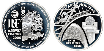 Франция 1 евро = 6,55957 франков 2000 стиль арт-нуво в архитектуре (XIX-XX веков) в оригинальной коробке, с сертификатом KM 1227 серебро PROOF 4-3-2-13