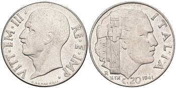 ИТАЛИЯ 20 ЧЕНТЕЗИМО 1941 R, ГОД XIX, ВИКТОР ЭММАНУИЛ III (1900-1946) KM 75b, VEM3. 1028 нержавеющая сталь 3853-741