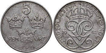 Швеция 5 эре 1942 Густав V (1907-1950) KM 812 железо 27-543