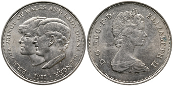 Великобритания 25 пенсов 1981 Королевская свадьба принца Чарльза и леди Дианы, Елизавета II (1952-2022) KM 925, Spink 4229 медно-никель 79-922