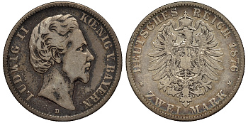 Бавария 2 марки 1876 Людвиг II (1864-1886) Weege 41, J. 41, KM 505 серебро 02-264-63