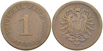ГЕРМАНИЯ 1 ПФЕННИГ 1889 D, СТАРОГЕРБОВКА KM 1, Jager. 1, Weege 1 медь 4528-1112