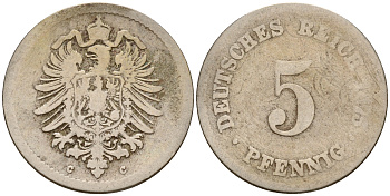 Германия 5 пфеннигов 1875 C J.3  KM 3 медно-никель    4598-967