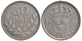 Швеция 50 эре 1930 G, Густав V (1907-1950) KM 788 серебро 4179-937