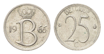Бельгия 25 сантимов 1966 Belgique, Бодуэн I (1951-1993) KM 153 медно-никель 4705-328