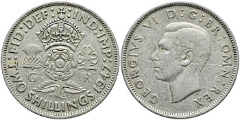 Великобритания 2 шиллинга (флорин) 1947 Георг VI (1936-1952) KM 865, Spink 4102 медно-никель 4394-1032