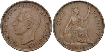 Великобритания 1 пенни 1939 Георг VI (1936-1952) KM 845, Spink 4114 бронза 4574-131