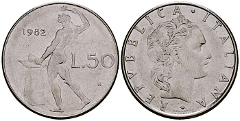 Италия 50 лир 1982 KM 95.1 нержавеющая сталь 4176-254