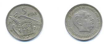 ИСПАНИЯ 5 ПЕСЕТ 1969 KM 786 медно-никель 54-1452