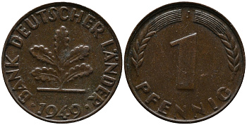 ФРГ 1 пфенниг 1949 J KM А101, J.376 сталь плакированная медью 99-244