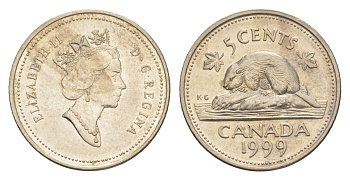 Канада 5 центов 1999 Елизавета II (1952-2022), бобр KM 182 медно-никель 4636-625