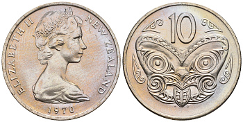 Новая Зеландия 10 центов 1970 Елизавета II (1952-2022), маска маори KM 41.1 медно-никель  UNC  4182-1236