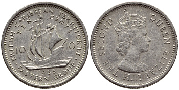 Британские Восточно-Карибские территории 10 центов 1965 Елизавета II (1952-2022), парусник KM 5 медно-никель 4392-513