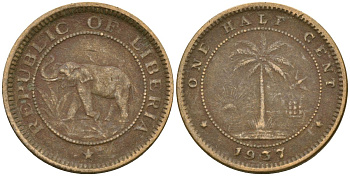 Либерия 1/2 цента 1937 KM 10 латунь 4174-421