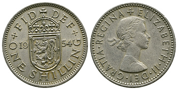 Великобритания 1 шиллинг 1954 Елизавета II (1952-2022), Шотландский герб KM 905, Spink 4148 медно-никель 4384-546