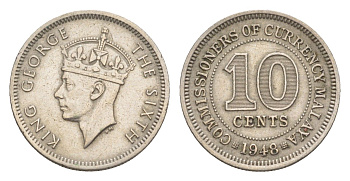 Малайя 10 центов 1948 Георг VI (1937-1952) KM 8 медно-никель 4644-926