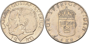 Швеция 1 крона 1980 Карл XVI Густав (1973- ) KM 852 медь плакированная медно-никелем 4582-452