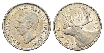 Канада 25 центов 1940 Георг VI (1936-1952), олень KM 35 серебро 3896-1644