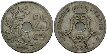 Бельгия 25 сантимов 1908 Belgie KM 63 медно-никель 4165-632
