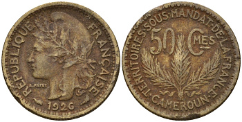 Камерун 50 сантимов 1926 (a), мондвор Париж KM 1 алюминиевая бронза 4164-1263