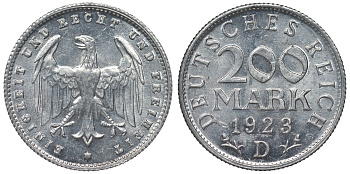 Германия 200 марок 1923 D KM 35, J. 304, Weege 22 алюминий 4121-1231