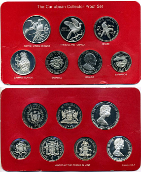 Карибские страны набор из 7 монет 1983 Британские Виргинские острова и др., в запайке в оригинальной коробке с сертификатом есть серебро PROOF 4-5-1-26
