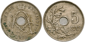 Бельгия 5 сантимов 1928 Belgique KM 66 медно-никель 4136-512
